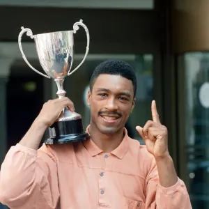 Michael Watson with the British Commonwealth middleweight trophy after defeating Nigel Michael Watson with the British Commonwealth middleweight trophy after defeating Nigel