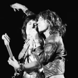 Mick Jagger and Keith Richards performing at the Rolling Stones concert at Knebworth Mick Jagger and Keith Richards performing at the Rolling Stones concert at Knebworth