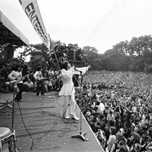 Mick Jagger sings on stage at a free Rolling Stones concert in Hyde Park, London