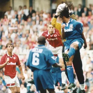 Middlesbrough Jan Fjortoft in an ariel battle in the Chelsea goal mouth Middlesbrough Jan Fjortoft in an ariel battle in the Chelsea goal mouth