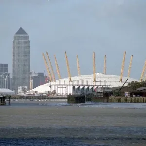 Millennium Dome and Canary Wharf London Nov 1999 pictured from the Thames Barrier