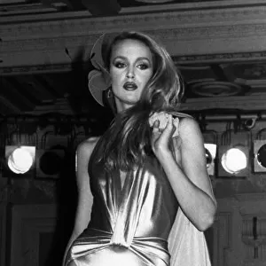 Model Jerry Hall pictured during catwalk show modelling items by designer Anthony Price