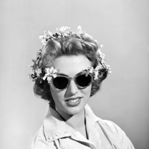 1955 Model Wearing Glasses Decorated with Flowers Print