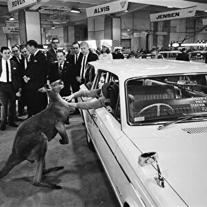 Models pose with a kangaroo on the Chrysler stand at the London Motor Show 18th October