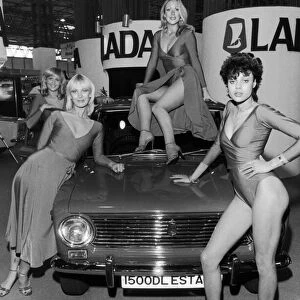 Models pose on the Lada stand at the 1984 Motor Show at the NEC. 24th October 1980