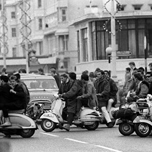 Mods gather on their scooters in Hastings 1964