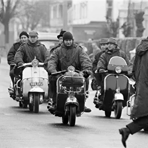 Mods on their scooters seen here driving along Clacton sea front