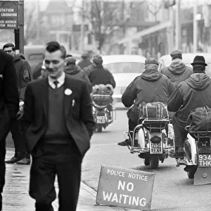 Mods on their scooters seen here leaving Clacton at the end of the bank holiday weekend
