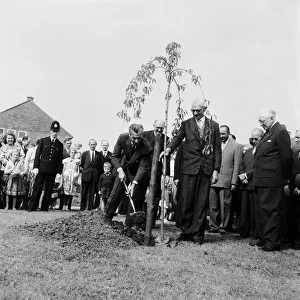 Mohammad-Reza Shah Pahlavi, the Shah of Iran plants a tree watched by residents of