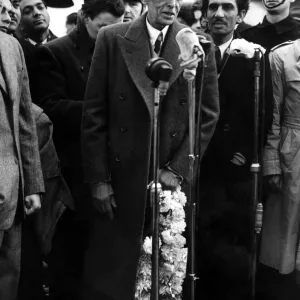 Mohammed Ali Jinnah - President of the Moslim League speaking into the microphone on his Mohammed Ali Jinnah - President of the Moslim League speaking into the microphone on his