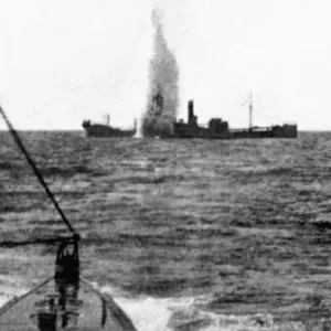 The moment the torpedo from a German U-boat strikes a Allied steamer The moment the torpedo from a German U-boat strikes a Allied steamer