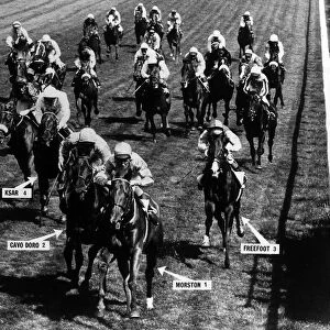 Morston with jockey Eddie Hide leading the Derby and goes on to win at Epsom - June 1973