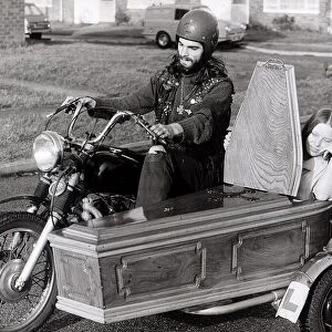 Motor Bike and Sidecar. Dave Phillips od Russington, Sussex has fitted a coffin as a