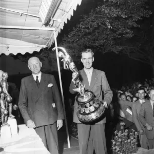Motorsport. Isle of Man TT Races 1953 Ray Aman with Trophy Motorsport. Isle of Man TT Races 1953 Ray Aman with Trophy