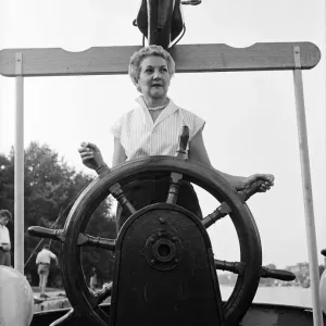 Mrs Tepper on her boat Cornelia at Kingston Bridge, London Print 1955 Mrs Tepper on her boat Cornelia at Kingston Bridge, London Print 1955