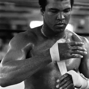 Muhammad Ali enroule ses poings dans le gymnase à son camp d'entraînement à Deer Lake. Muhammad Ali enroule ses poings dans le gymnase à son camp d'entraînement à Deer Lake.