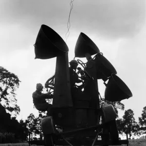 Munitions Men handling the latest sound detector. 24th October 1939 Munitions Men handling the latest sound detector. 24th October 1939