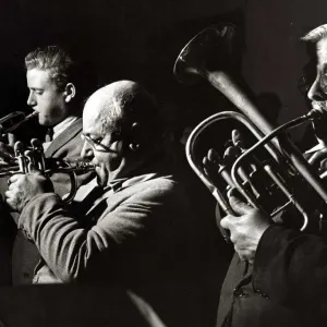 musicians, brass instruments - trumpet - tuba - brass band circa 1950 musicians, brass instruments - trumpet - tuba - brass band circa 1950