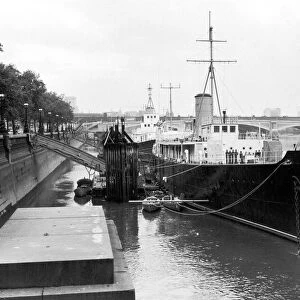 Naval reserve training ship HMS President on The River Thames at Embankment. 1963
