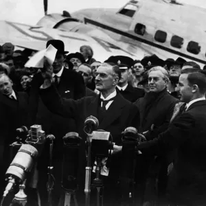 Neville Chamberlain seen here at Heston Airport after returning from his summit meeting Neville Chamberlain seen here at Heston Airport after returning from his summit meeting