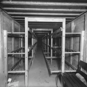 New bunks fitted in a public air raid shelter to make sheltering from enemy air raids New bunks fitted in a public air raid shelter to make sheltering from enemy air raids