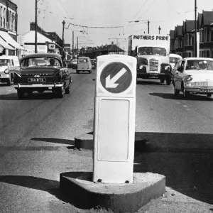 A black and white print of a new traffic sign in Cownbrifge Road