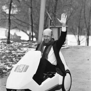 Sir Clive Sinclair in his C5 Electric Vehicle Print 1985