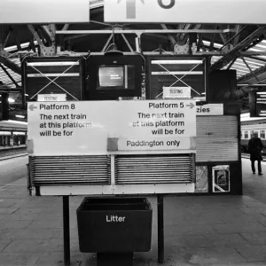 New train indicator boards at Reading Station. January 1975