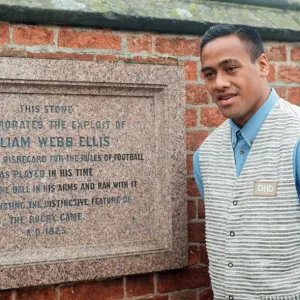 New Zealand rugby player Jonah Lomu visiting Rugby. Pictured at the Webb Ellis plaque New Zealand rugby player Jonah Lomu visiting Rugby. Pictured at the Webb Ellis plaque
