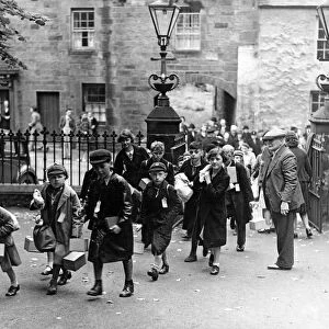 Newcastle school children arriving at the Archbold Hall, Wooler, Northumberland