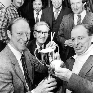Newcastle United manager Jack Charlton presents an angling trophy to angling club Newcastle United manager Jack Charlton presents an angling trophy to angling club