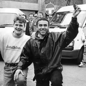 Newcatle United players Paul Gascoigne (Gazza) and Mirandinha present schoolchildren some Newcatle United players Paul Gascoigne (Gazza) and Mirandinha present schoolchildren some