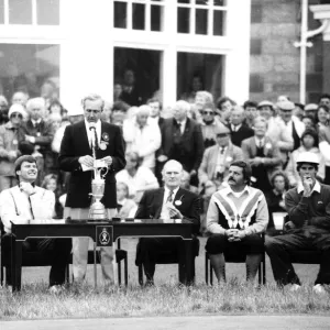 Nick Faldo British Golf during a speech after his victory at Muirfield The crowd