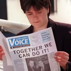 Nicola Sturgeon April 1999 reading a copy of Scotlands Voice newspaper Nicola Sturgeon April 1999 reading a copy of Scotlands Voice newspaper