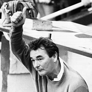 Nottingham Forest manager Brian Clough gives the thumbs up from the touchline dug out