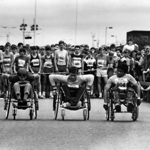 They re off wheelchair competitors at the Junior Great North Run, , left to right They re off wheelchair competitors at the Junior Great North Run, , left to right