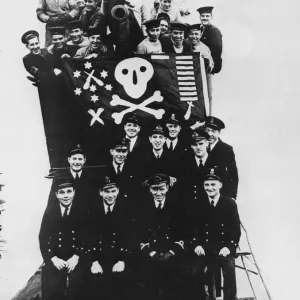 Print of HMS Proteus officers and crew with Jolly Roger flag