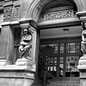 (Old) Central Library, Hayes, Cardiff, Trinity Street main entrance, statues