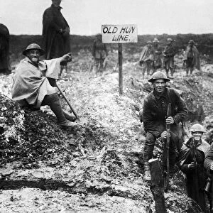 Old Hun Line - British soldiers take over a captured German trench during World War One