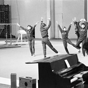Olga Korbut and other members of the Soviet Union Gymnastics Display Team rehearsing at