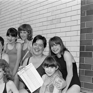 Mrs Patricia Bromley with Sponsored Swimmers, 1st June 1985 Print Mrs Patricia Bromley with Sponsored Swimmers, 1st June 1985 Print