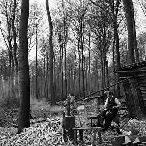 Owen Dean shaping Beechwood chair legs by his hut in the Buckinghamshire woods