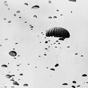 Paratroops drop earthward during landing in Holland by 1st allied Airborne army as