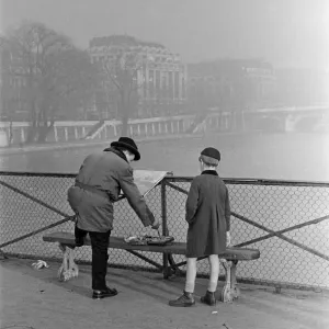 1951 Paris Street Scene Print: Boy Watches Artist Paint