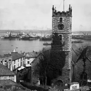 The parish church at Falmouth, Cornwall overlooking the busy harbour The parish church at Falmouth, Cornwall overlooking the busy harbour