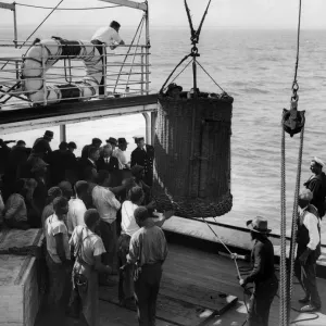 Print of passengers being rescued by basket due to rough seas