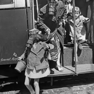 Print of Passengers in Gas Masks Disembarking a Bus Print of Passengers in Gas Masks Disembarking a Bus