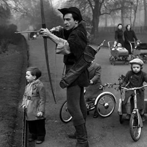 Patrick Troughton actor dressed as Robin Hood March 1953 in Battersea Park in