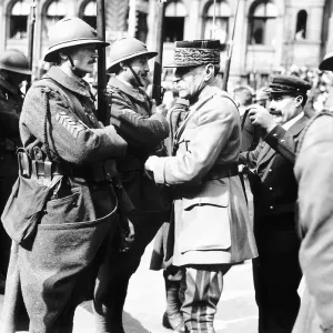 Peace Celebrations in Paris - Marshall Fock decorates a French soldier Peace Celebrations in Paris - Marshall Fock decorates a French soldier