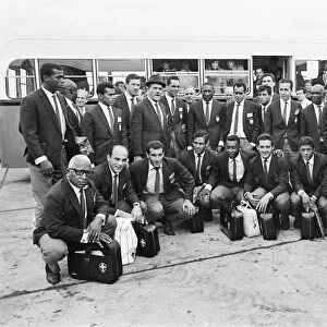 Pele and the Brazil football team arrive at London Airport for the 1966 World Cup